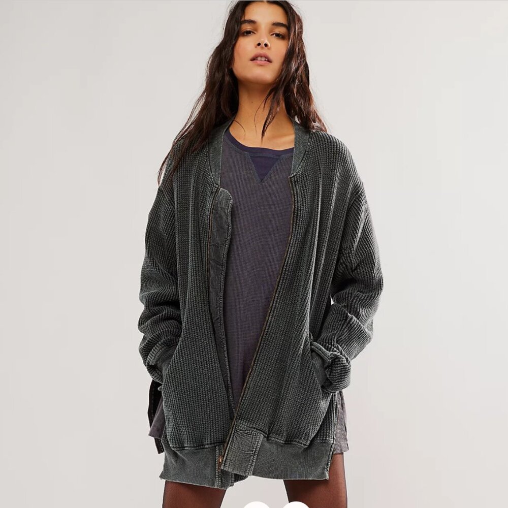 Free People We the Free Lupo Bomber Zip Cardi Cardigan Waffle Knit Thermal Boho